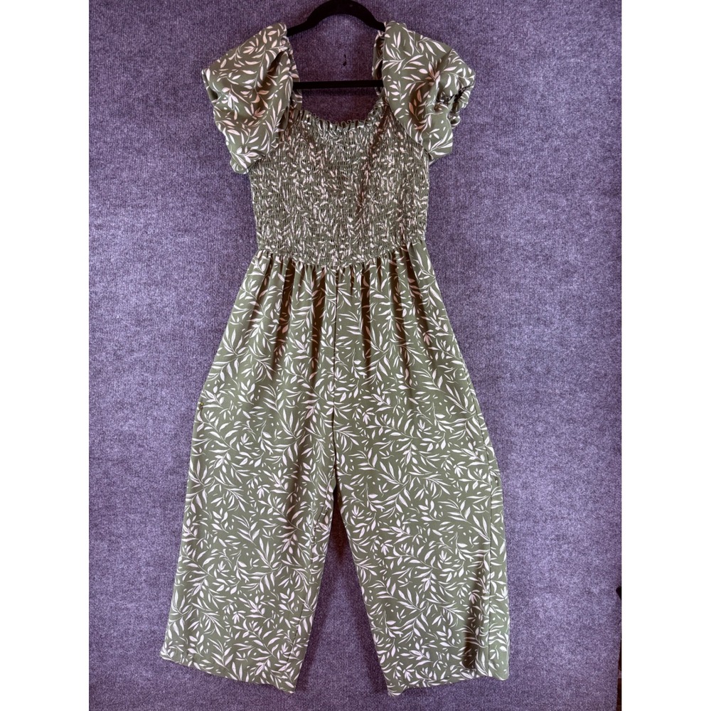 Inspired Hearts Olive Green Leaf Print Smocked Puff Sleeve Jumper size XL